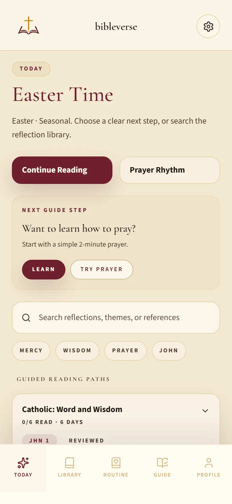 bibleverse Today screen showing scripture and devotional actions